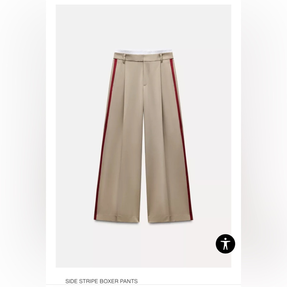 Zara Tan Wide-Leg Trousers with Red Accents. Side stripe boxer pants